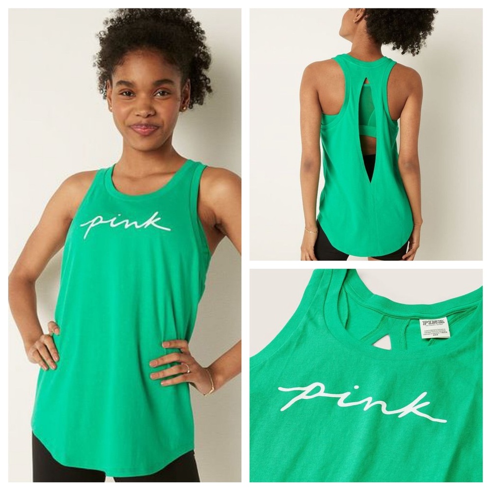 VS VICTORIAS SECRET PINK EVERYDAY RACERBACK TANK TOP MALDIVE SCRIPT LOGO XXL - Picture 1 of 7